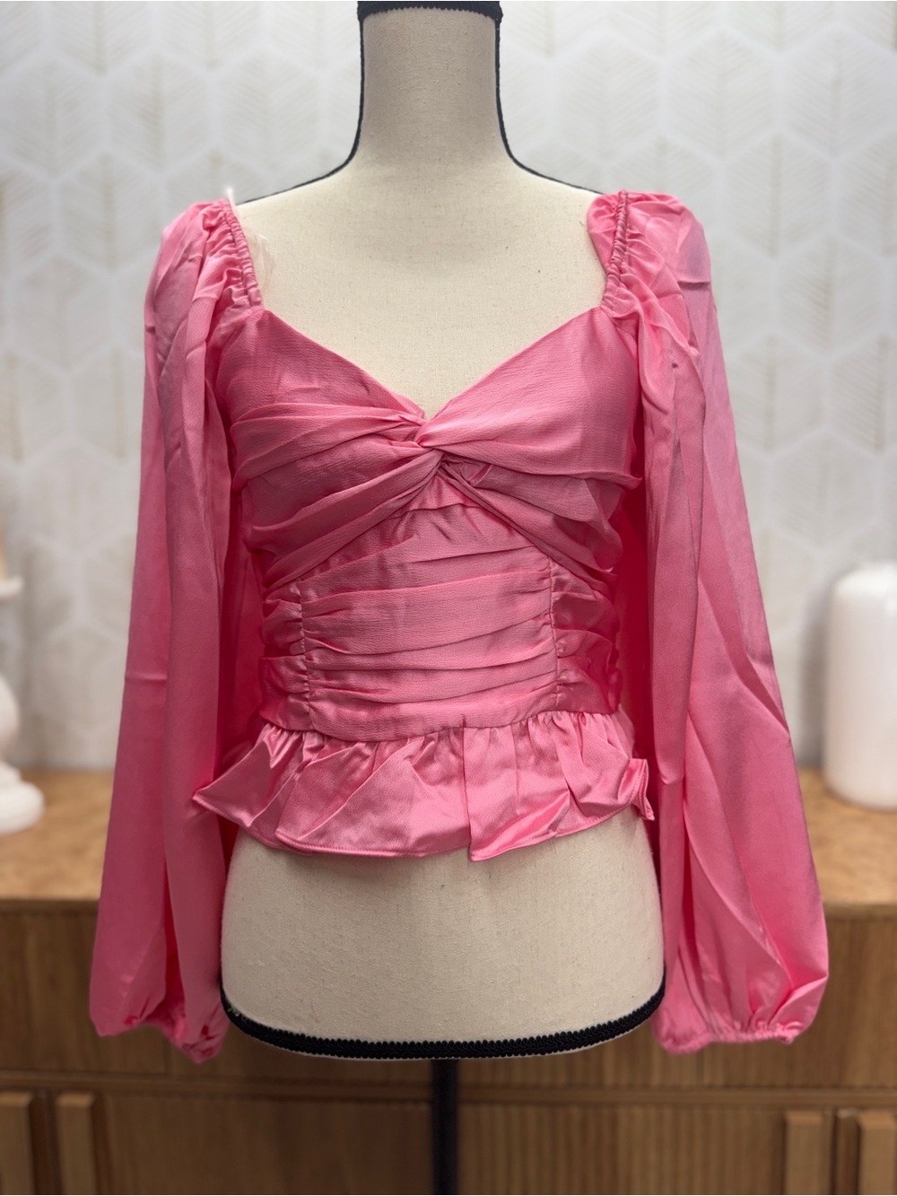 Pink Ruched Sweetheart Peplum Top